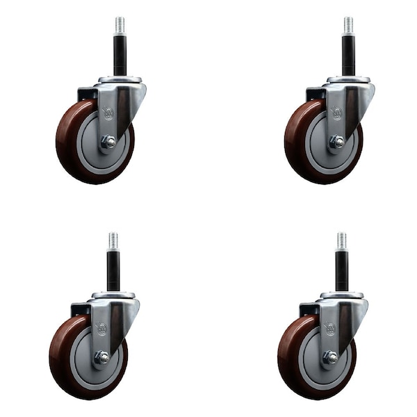 4'' Maroon Poly Wheel Swivel 3/4'' Expanding Stem Caster Set, 4PK